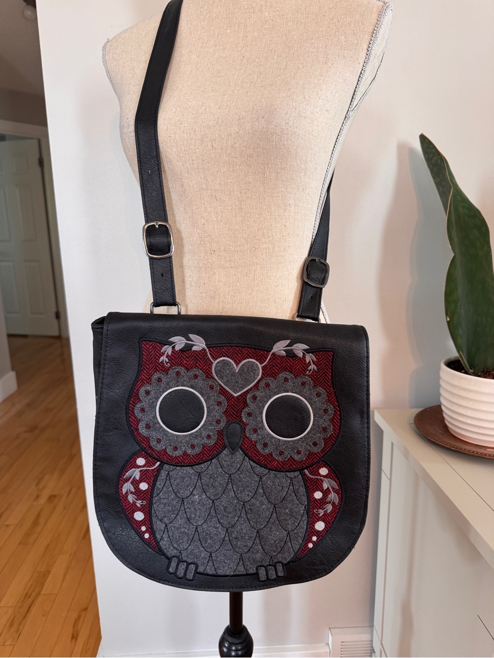 Loungefly Black Crossbody Bag with Red and Gray Owl Appliqué